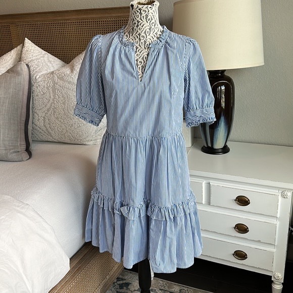 J Crew Tiered Popover Dress in Blue and White Stripes - Picture 7 of 8